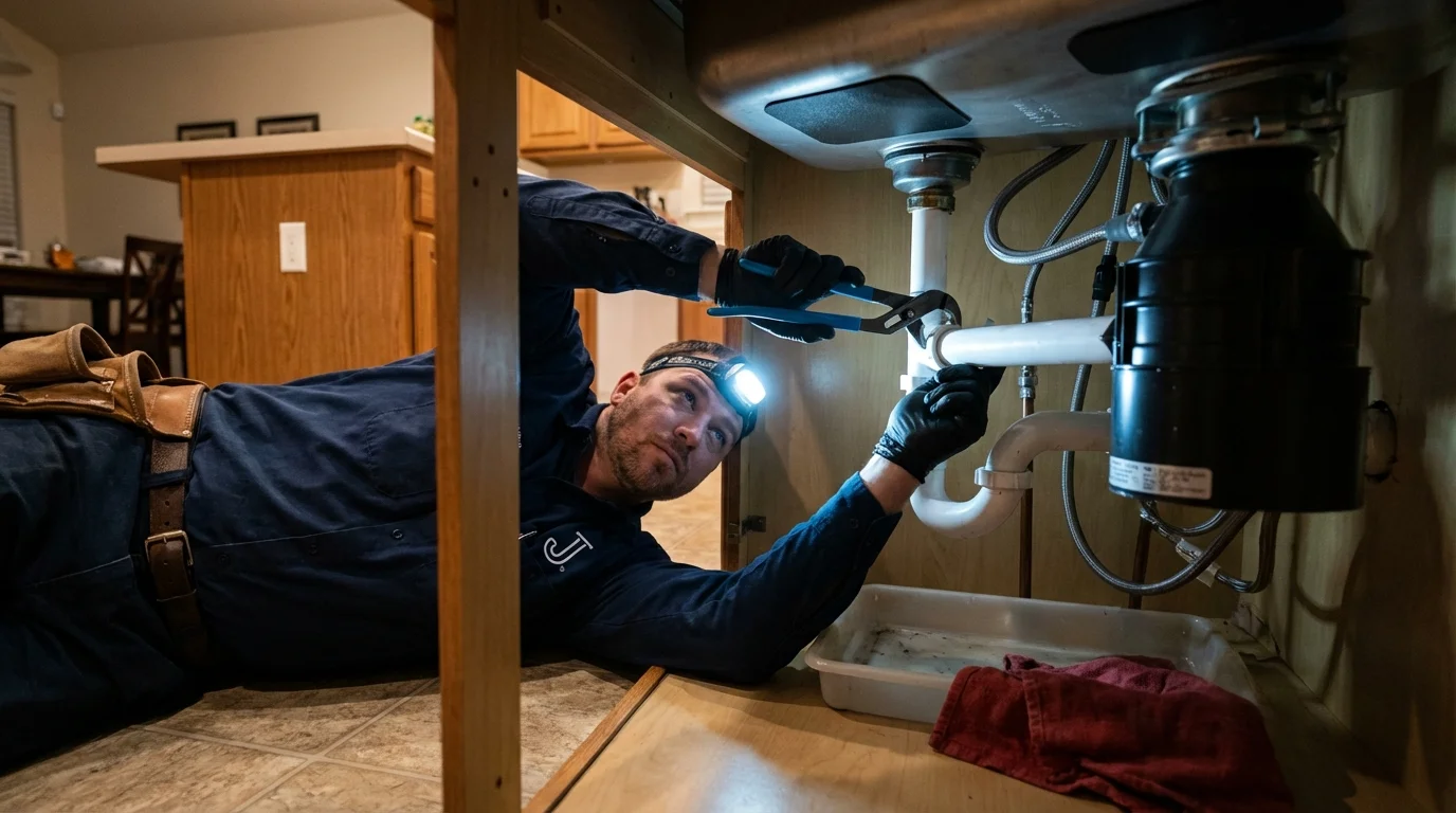 P-trap and supply line connections under a kitchen sink showing a common leak point in Shelton, NE